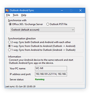 Windows Outlook-Android Sync Main Window